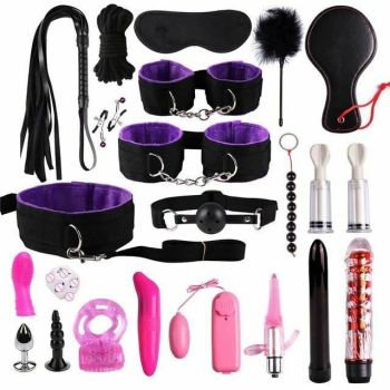 House Of Dasein Bdsm Beginner's Sex Toy Kit With Vibrator Nipple Suckers Restraints - Black Purple