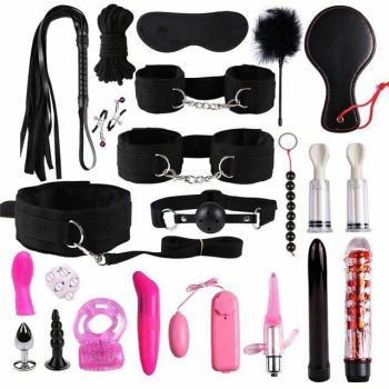 House Of Dasein Bdsm Beginner's Sex Toy Kit With Vibrator Nipple Suckers Restraints - Black
