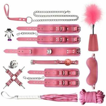 House Of Dasein Black Pink Bondage Kit Handcuffs Leash Whip Gag Nipple Clamps Bdsm Set - Pink