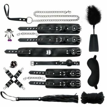 House Of Dasein Black Pink Bondage Kit Handcuffs Leash Whip Gag Nipple Clamps Bdsm Set - Black