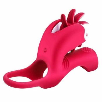 House Of Dasein Vibrating Penis Ring Tongue Oral Sex Licking Clitoris Stimulator Vibrator - Rose Red
