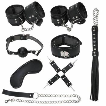 House Of Dasein 8 / Pcs Bdsm Bondage Set Fetish Kit Collar Gag Cuffs Leash Flogger Hogtie - Black