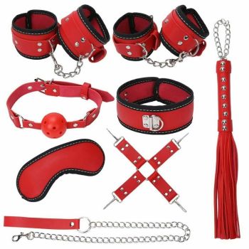 House Of Dasein 8 / Pcs Bdsm Bondage Set Fetish Kit Collar Gag Cuffs Leash Flogger Hogtie - Red