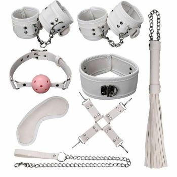 House Of Dasein 8 / Pcs Bdsm Bondage Set Fetish Kit Collar Gag Cuffs Leash Flogger Hogtie - White