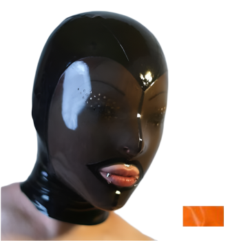 House Of Dasein Fetish Mask With Back Zip Transparent Black Face Hood Latex - Orange