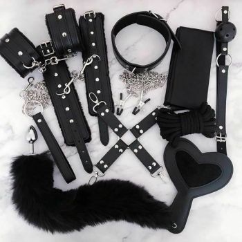 House Of Dasein Black Bdsm Kit Flogger Cuffs Collar Rope Paddle Gag Bondage Set - Black - 10Pcs