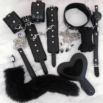House Of Dasein Black Bdsm Kit Flogger Cuffs Collar Rope Paddle Gag Bondage Set - Black - 8Pcs