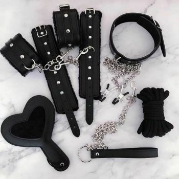 House Of Dasein Black Bdsm Kit Flogger Cuffs Collar Rope Paddle Gag Bondage Set - Black - 6Pcs