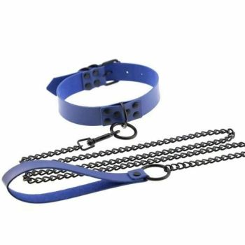 House Of Dasein Rivet Slave Collar With Leash Bdsm Bondage Pet Play Owned Submissive - Blue