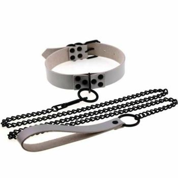 House Of Dasein Rivet Slave Collar With Leash Bdsm Bondage Pet Play Owned Submissive - Silver