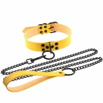 House Of Dasein Rivet Slave Collar With Leash Bdsm Bondage Pet Play Owned Submissive - Yellow