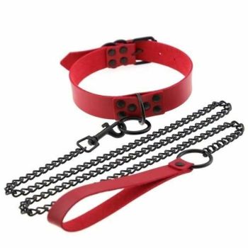 House Of Dasein Rivet Slave Collar With Leash Bdsm Bondage Pet Play Owned Submissive - Red