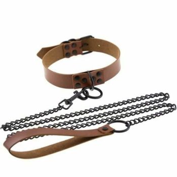 House Of Dasein Rivet Slave Collar With Leash Bdsm Bondage Pet Play Owned Submissive - Brown