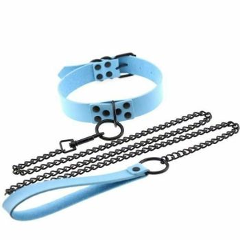 House Of Dasein Rivet Slave Collar With Leash Bdsm Bondage Pet Play Owned Submissive - Light Blue