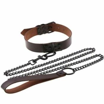 House Of Dasein Rivet Slave Collar With Leash Bdsm Bondage Pet Play Owned Submissive - Coffee