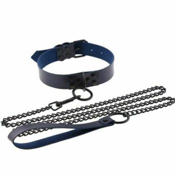 House Of Dasein Rivet Slave Collar With Leash Bdsm Bondage Pet Play Owned Submissive - Dark Blue