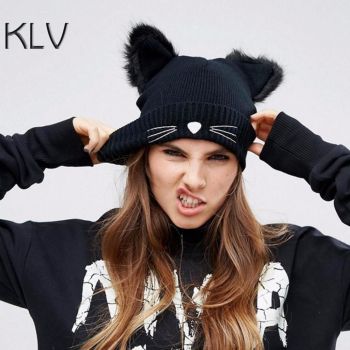 House Of Dasein Cat Ears Beanie Women Warm Kitten Hat Ddlg Cosplay Anime Pet Play Bdsm - Black