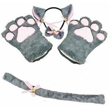 House Of Dasein Kitten Cosplay Costume Cat Tail Ears Collar Paws Gloves Anime Lolita Gothic Set - Grey