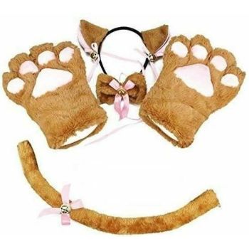 House Of Dasein Kitten Cosplay Costume Cat Tail Ears Collar Paws Gloves Anime Lolita Gothic Set - Brown
