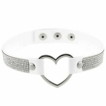 House Of Dasein Heart Rhinestone Bdsm Collar Hollow Necklace Choker Bondage Restraints - White