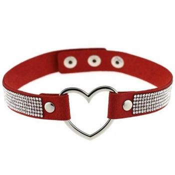 House Of Dasein Heart Rhinestone Bdsm Collar Hollow Necklace Choker Bondage Restraints - Red