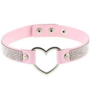 House Of Dasein Heart Rhinestone Bdsm Collar Hollow Necklace Choker Bondage Restraints - Pink