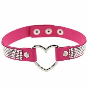 House Of Dasein Heart Rhinestone Bdsm Collar Hollow Necklace Choker Bondage Restraints - Rose Red