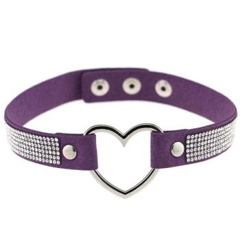 House Of Dasein Heart Rhinestone Bdsm Collar Hollow Necklace Choker Bondage Restraints - Dark Purple