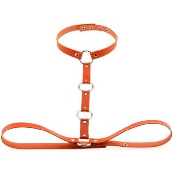House Of Dasein Y Choker Faux Leather Chest Harness Women Body Fetish Clothing - Orange