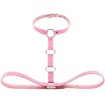House Of Dasein Y Choker Faux Leather Chest Harness Women Body Fetish Clothing - Pink