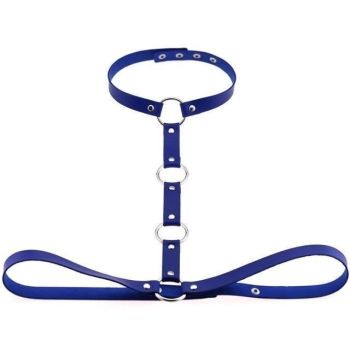 House Of Dasein Y Choker Faux Leather Chest Harness Women Body Fetish Clothing - Blue