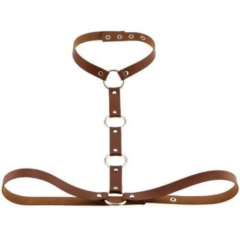 House Of Dasein Y Choker Faux Leather Chest Harness Women Body Fetish Clothing - Brown