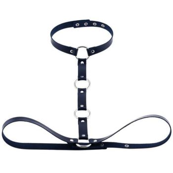House Of Dasein Y Choker Faux Leather Chest Harness Women Body Fetish Clothing - Dark Blue