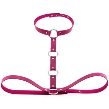 House Of Dasein Y Choker Faux Leather Chest Harness Women Body Fetish Clothing - Rose