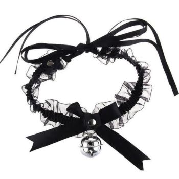House Of Dasein Kitten Bell Collar Bow Knot Lace Pendant Small Choker Necklace - Black