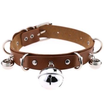 House Of Dasein Pleather Cat Bell Collar Kitten Play Leather Bondage Bdsm - Brown