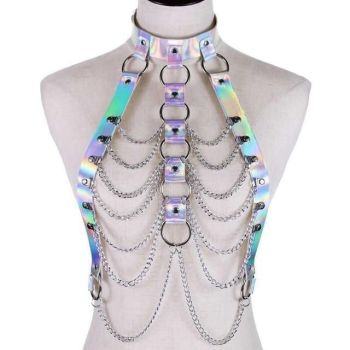 House Of Dasein Holographic Chain Harness Women Body Fetish Clothing - White