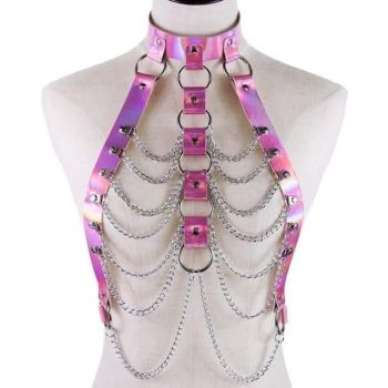House Of Dasein Holographic Chain Harness Women Body Fetish Clothing - Pink
