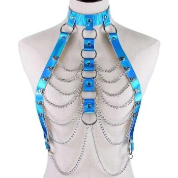 House Of Dasein Holographic Chain Harness Women Body Fetish Clothing - Blue