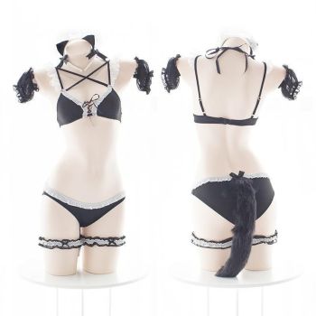 House Of Dasein Kitten Maid Outfit Cosplay Women Bikini Set Anime Costume Bra Panty Tail - Black