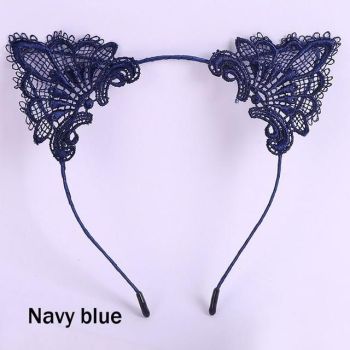 House Of Dasein Lace Cat Ears Headband Kitten Pet Play Cosplay Bdsm Accessories - Navy Blue
