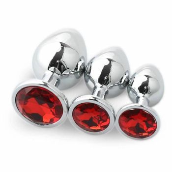 House Of Dasein Stainless Steel Metal Butt Plug Jewel Set Anal Training Kit - Red