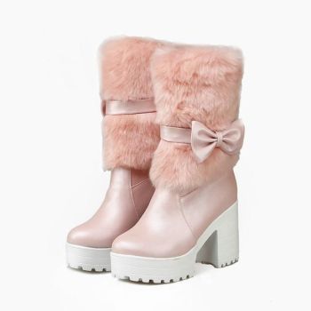 House Of Dasein Furry Pink Bow Boots - Pink - 7