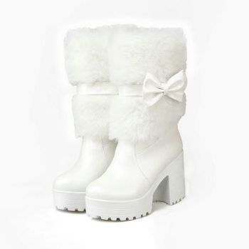 House Of Dasein Furry Pink Bow Boots - White - 6
