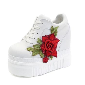 Hod Health & Home Red Rose Wedge Sneakers Embroidered Flower White Black High Heels - White - 37