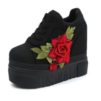 Hod Health & Home Red Rose Wedge Sneakers Embroidered Flower White Black High Heels - Black - 35