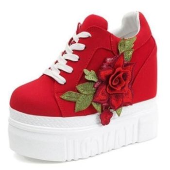 Hod Health & Home Red Rose Wedge Sneakers Embroidered Flower White Black High Heels - Red - 37