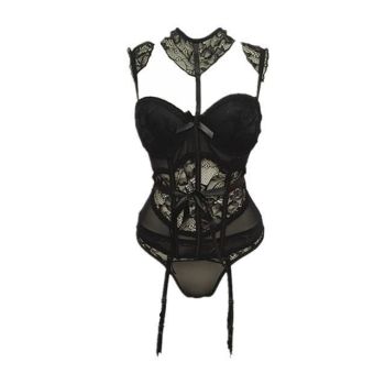 House Of Dasein Seduction Lace Bra Panty Set With Built In Garters - Black - M