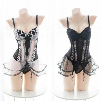 House Of Dasein Tulle Lace Bodysuit Women - White/Black