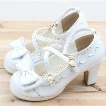 House Of Dasein Cute Lolita Buckle Heel Bow Cosplay Shoes - Black - 8.5 - Type 6